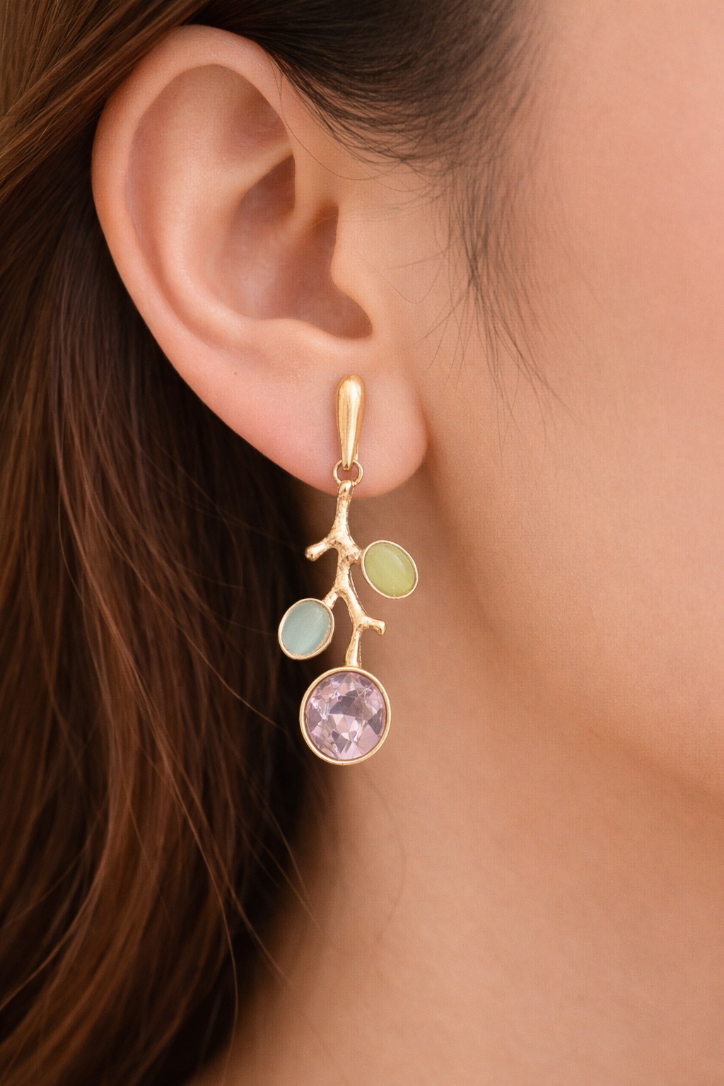 Yellow Toned Branch Drop Earrings with Pastel Stones