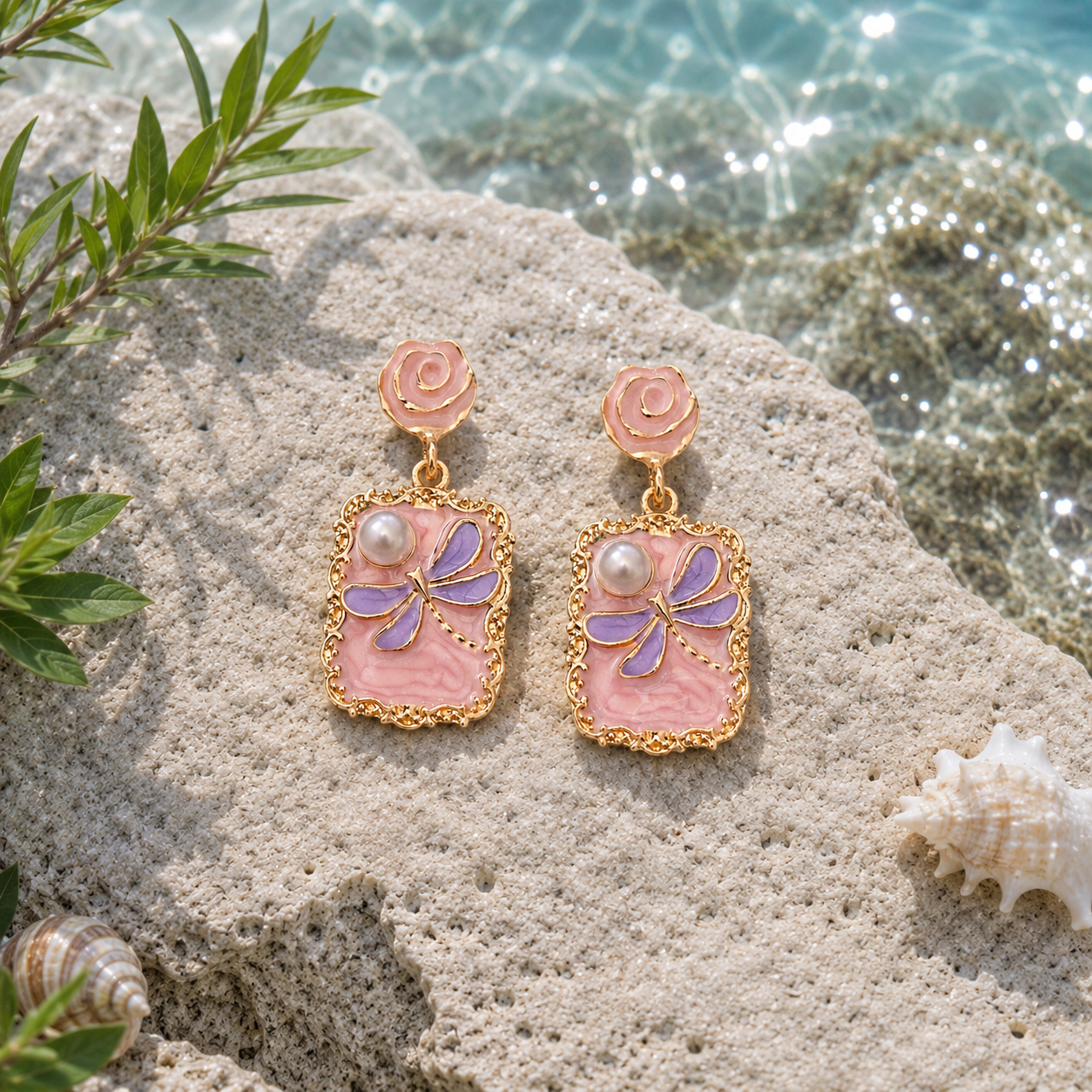 Pink Blue Dragonfly Pearl Alloy Earring