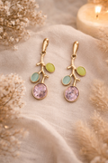 Yellow Toned Branch Drop Earrings with Pastel Stones